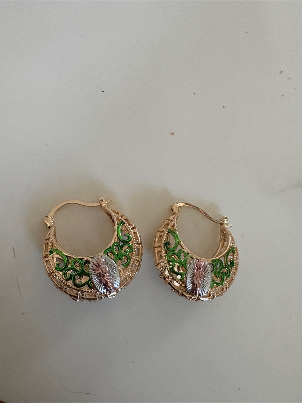Gold-Tone Green Enamel Floral Hoop Earrings